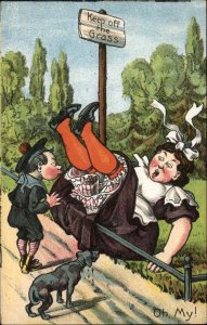 Boy and Dog Push Fat Woman Onto Grass c1910 Vintage Postcard