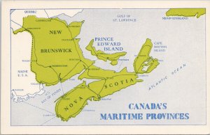 Canada's Maritime Provinces Map NB NS PE NL ME QC Green Maps Unused Postcard G46