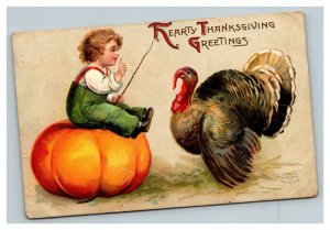 Vintage 1908 International Art Thanksgiving Postcard Boy on Pumpkin Giant Turkey