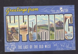 GREETINGS FROM WYOMING LARGE LETTER LINEN VINTAGE POSTCARD