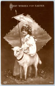 c1910s Easter Best Wishes Cute on Sheep Litho Glossy Photo Postcard Banner A66