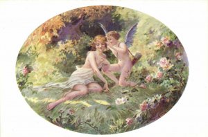 PC CPA NUDE EROTIC, ARTIST SIGNED, MANGIN, LADY WITH CUPID, Postcard(b17514)