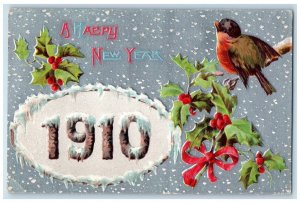 1910 Happy New Year Holly Berries Song Bird Snowfall Greensboro NC Postcard