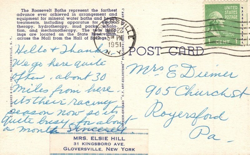 Vintage Postcard 1951 Roosevelt Baths Saratoga Spa Saratoga Springs New York NY