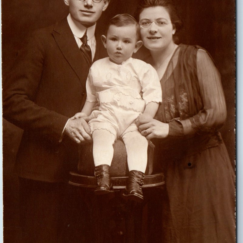 c1910s Happy Family Portrait RPPC Young Man Woman Smile Little Boy Child PC A212