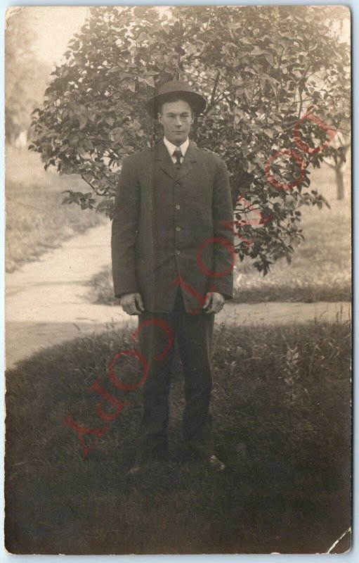 ID'd c1910s Handsome Man Outdoors in Suit RPPC Real Photo Postcard Gardalen A85