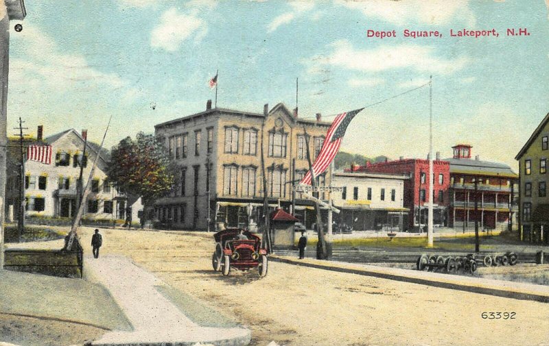 Lakeport NH Depot Square Storefronts Old Car Postcard