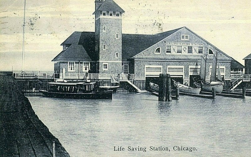 Postcard 1906 View of Flag flying at Life Saving Station in Chicago, IL.  S7