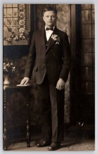 RPPC Dapper Young Man Studio Portrait Golden Valley MN Real Photo Postcard G38