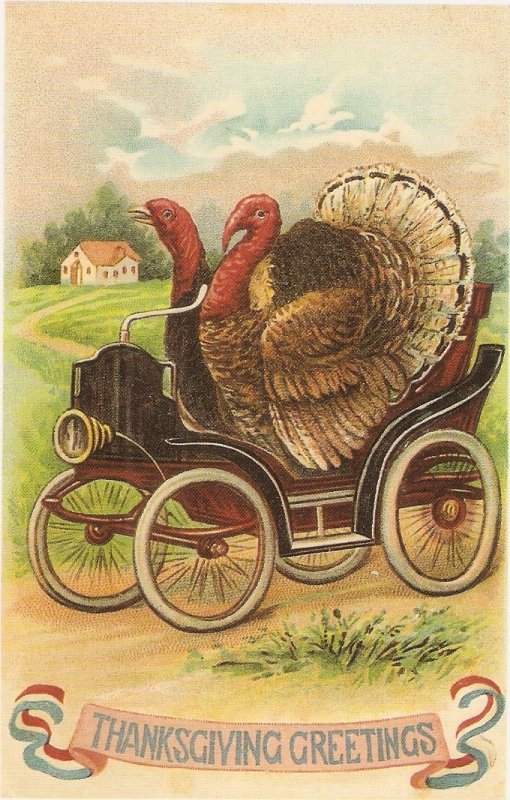 Turkey riding old car.  Modern English repro of old  Thanksgiving Greetings PC