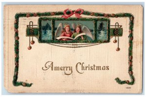 1907 Christmas Holly Garland Angels Carol Embossed Millville NJ Antique Postcard 