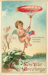 New Years Day Greeting Postcard Angel With American Flag Hangs From Zeppelin