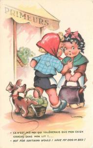 Artist impression 1950s Dog peeing Grocery Basket Girls Gougeon postcard 5181