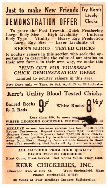 Massachusetts West Springfield  Kerr Chickeries , Demonstration Offer