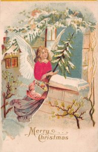 CHRISTMAS HOLIDAY ANGEL SILK NOVELTY EMBOSSED POSTCARD (c. 1910)