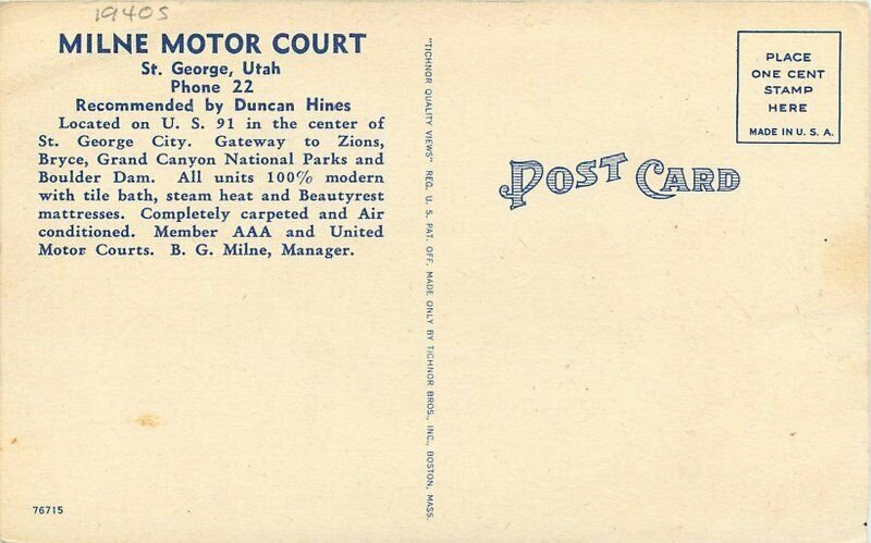 1940s Milne Motor Court roadside St George Utah Postcard Tichnor linen 9492