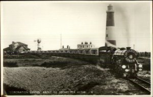 Miniature RR Train & Lighthouse Coronation Limited HYTHE Real Photo Postcard