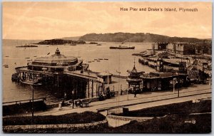 Hoe Pier and Drake's Island Plymouth England UK Boats Ships & Factories Postcard