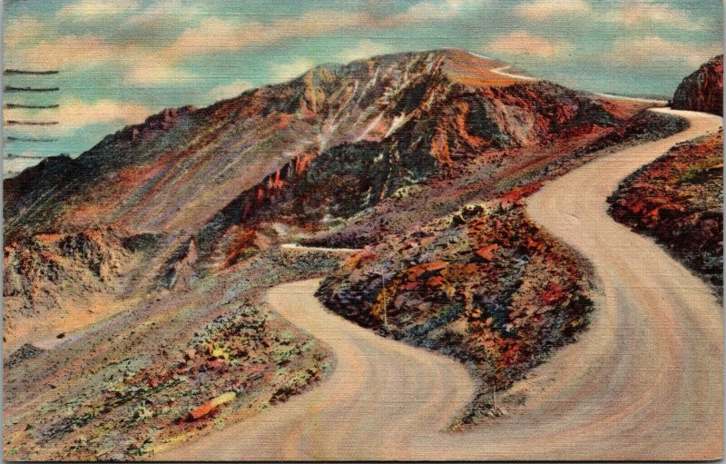 Vtg 1930's Pike Peak Summit Auto Highway Switchbacks Colorado CO Linen Postcard