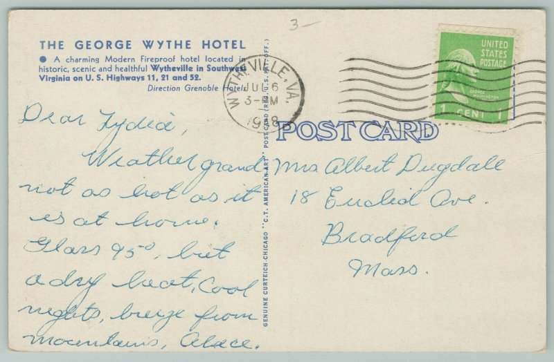 Wytheville Virginia~George Wythe Hotel~1940s Linen Postcard