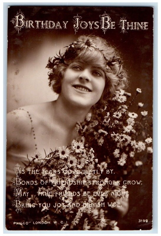 1923 Birthday Pretty Woman Flowers Curly Hair RPPC Photo Posted Vintage Postcard 