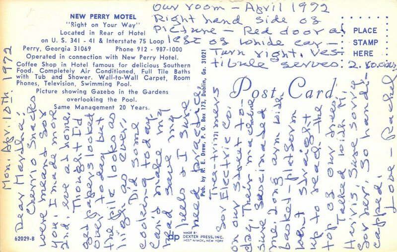 Perry Georgia c1960 Postcard New Perry Motel Swimming Pool