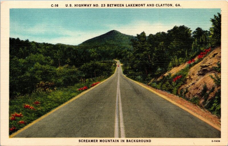 US Hwy 23 Lakemount Clayton GA Georgia Screamer Mountain Linen Postcard VTG UNP  