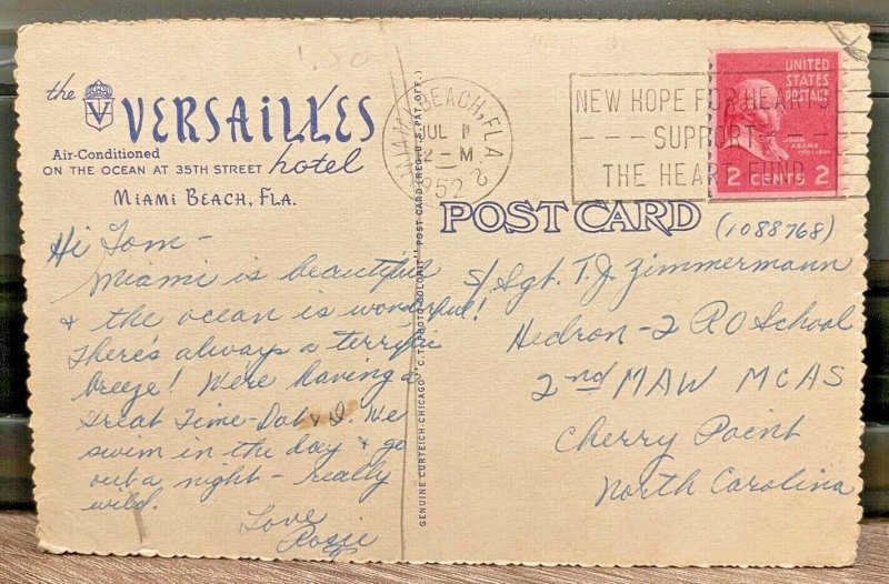 Linen Postcard The Versailles in Miami Beach, Florida
