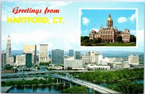 VINTAGE POSTCARD GREETINGS FROM HARTFORD CONNECTICUT CITY PANORAMA 1970s