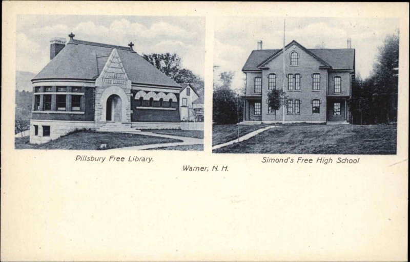 Warner NH Pillsbury Library Simond's High School c1910 Vintage Postcard