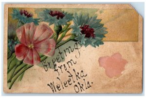 c1910's Greetings From Weleetka Oklahoma OK Flowers Glitter Embossed Postcard