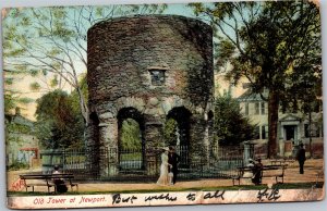 Postcard RI Old Tower at Newport - Couple in front, people on benches