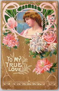 To My True Love, 1908 Womans Portrait Art Nouveau Frame, Chrysanthemum, Postcard