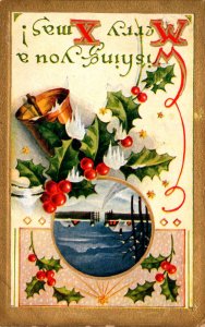 Merry Christmas With Gold Bell and Holly 1910