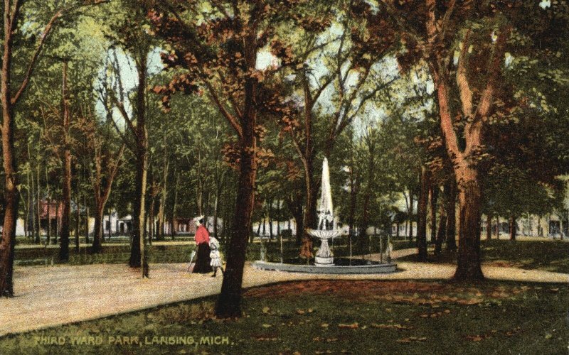 Vintage Postcard 1910's Third Ward Park Woman Walking w/ Child Lansing Michigan