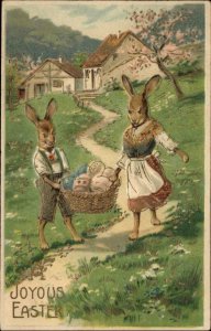 Easter Fantasy Dressed Rabbits Carry Basket of Eggs Gilt Embossed Postcard