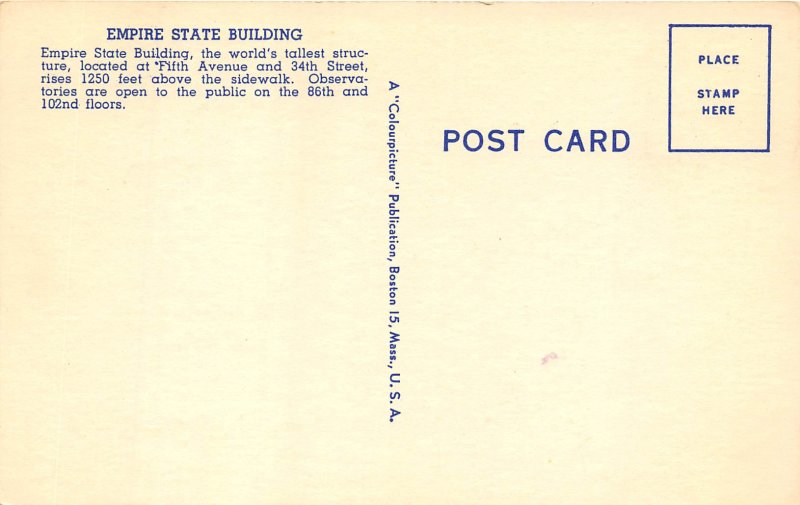 New York NY 1940s Postcard Empire State Building