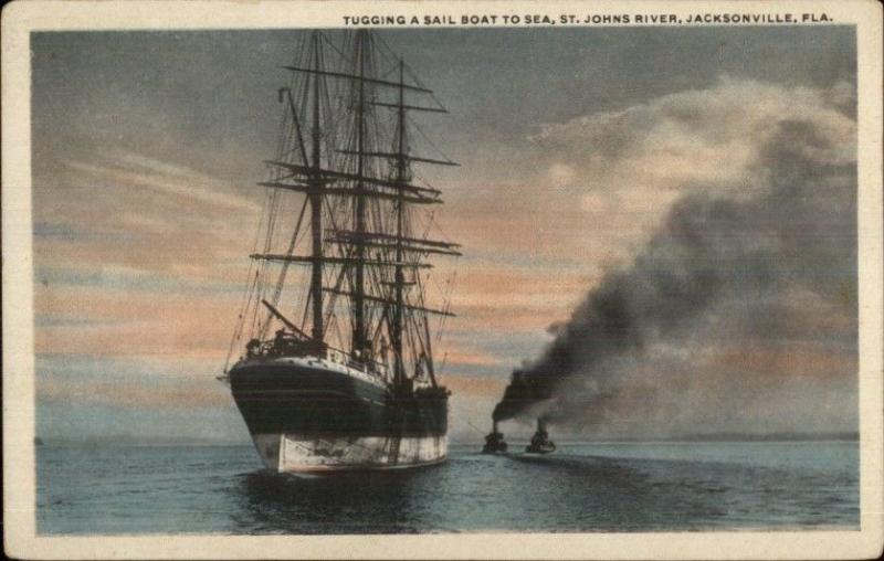 Jacksonville FL Tugging a Sail Boat St. Johns River c1920 Postcard