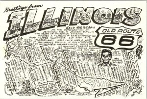 ROUTE 66 ~ R. Waldmire ILLINOIS Large Letter ~ Roadside Map 4X6 1990 Postcard