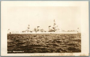 MILITARY SHIP USS PENSACOLA VINTAGE REAL PHOTO POSTCARD RPPC