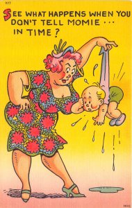 Don't Tell Momie In Time 1940s Comic Bathroom Postcard Mother Holding Wet Kid