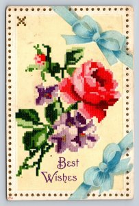 Flowers Best Wishes with Cross-stitched Look Embossed Vintage Postcard 1174