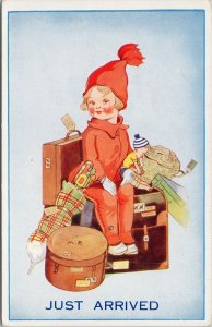 'Just Arrived' Young Girl Child Luggage Suitcase Umbrella Travel Postcard G85