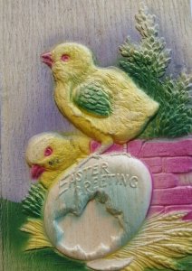 Vintage Easter Postcard Thick 3-D Raised Image Big Egg Two Chicks Pastel Unused 