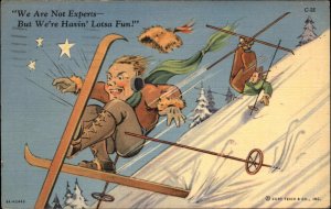 Curteich Linen Winter Sports Comic Down Hill Skiing Crash Vintage Postcard