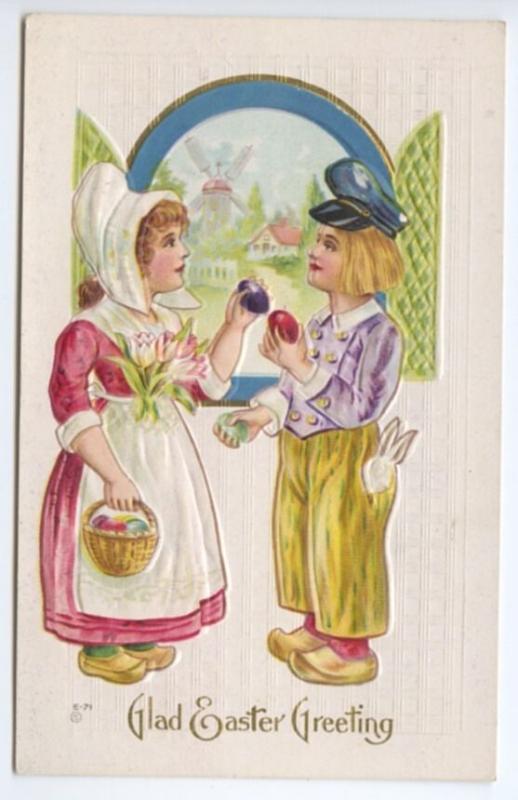 Glad Easter Greetings Boy Girl Swapping Eggs Embossed Postcard