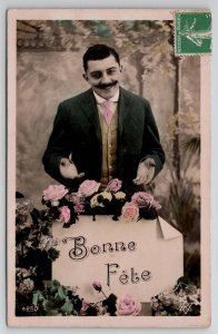 Handsome French Man Flowers Bonne Fete RPPC Tinted Photo Postcard V23