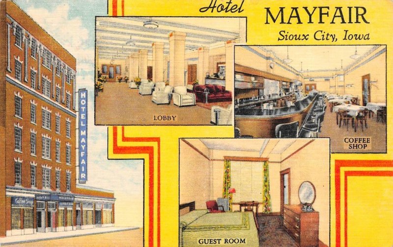 Sioux City, IA Iowa  HOTEL MAYFAIR Lobby~Coffee Shop~Room ROADSIDE 1950 Postcard