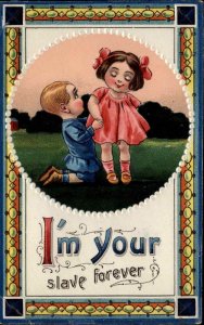 Romance Little Boy Proposes to Little Girl Gel Gelatin c1910 Vintage Postcard