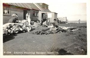 RPPC P-1374 Eskimos Native Americana Preparing Reindeer Hides Alaska AK Unposted